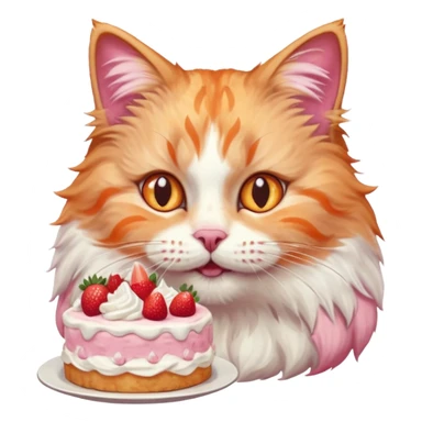 Close-up portrait of a fluffy cat eating a strawberry cake, pink cream on its nose and whiskers, detailed fur texture, soft natural light, shallow depth of field, high resolution, cute and candid moment
, sticker