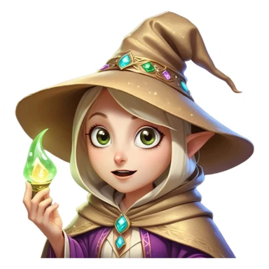 Clash of Clans aesthetic Comical Mage Portrait Emoji, Head tilted dramatically with an exaggerated, fun expression and wide, comically expressive eyes beneath an oversized hat, featuring a quirky, compact robed form with animated magical sparkles and natural skin tone, Simplified yet hilariously expressive features, highly detailed, glowing with a slightly sassy enchanted glow, high shine, dramatic yet playful, stylized with an air of cheeky arcane mischief, soft glowing outline, capturing the essence of a meme-worthy mage who conjures laughter in epic quests! sticker