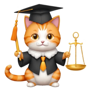 cat wearing a graduation cap, holding scales of justice sticker