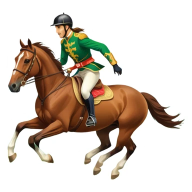 An icon showcasing a majestic horse and rider in full gallop across a lush green field. The background features a clear sky, distant mountains, and a vibrant landscape. The rider wears traditional gear, while the horse leaps with grace and power. Transparent background sticker