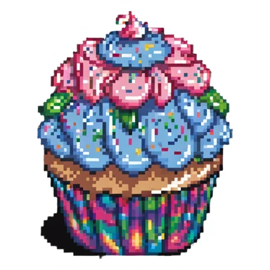 large cupcake with pink frosting covered in rainbow sprinkles in pixel art style sticker