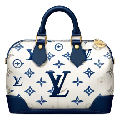 White Designer Louis Vuitton bag with navy blue monogram and navy blue trim sticker