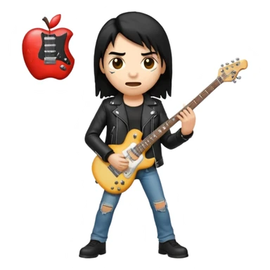 3D Apple-style emoji of a metal musician holding an electric guitar with a bold "ROCK" sign above. Long hair, black leather jacket, ripped jeans, intense expression. Rounded, glossy, smooth, soft shadows, white background.











 sticker