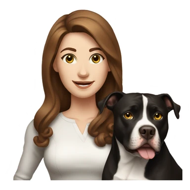 white woman with long brown hair and cat shaped eyes standing alongside a happy black pitbull  sticker