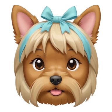 a Yorkshire Terrier face with a ponytail on head tied with a soft beige bow. Cute expression, flat design, pastel colors sticker