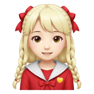 Cute kawaii emoji-style Japanese K-pop girl, long platinum blonde hair in twin tails, red outfit, Japanese K-pop idol vibes, big sparkling eyes, chibi proportions, clean lineart, pastel colors, cheerful idol smile, sticker/emoji style, transparent background sticker