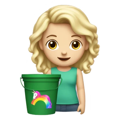 Caucasian female two year-old with blonde hair, ￼￼ writing, a pink unicorn with rainbow colored hair inside of a green bucket sticker
