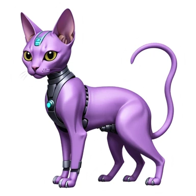 Black and purple futuristic mechanical technological shiny alloy modern realistic cool tough elegant sleek cyber-mecha-robo-sphynx-oriental--cat (full body) sticker