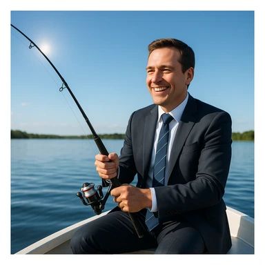 businessman in formal clothes fishing on a boat, smiling, sunny weather sticker