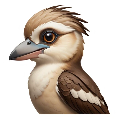 Cinematic Noble Kookaburra Portrait Emoji, Poised and regal, with a stout, robust build and a striking plumage of earthy browns and creams, a strong beak and deep-set soulful eyes, Simplified yet sharp and sophisticated features, highly detailed, glowing with a soft, dignified glow, high shine, intelligent and exuberant, stylized with an air of native woodland majesty, focused and attentive, soft glowing outline, capturing the essence of a watchful and confident bird, so majestic it feels as though it could laugh out of the screen with effortless authority! sticker