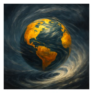 yellow globe spinning in a hurricane, dynamic motion, swirling wind, dramatic atmosphere sticker