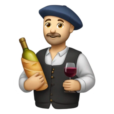 French bald man with beard, béret, baguette and wine sticker