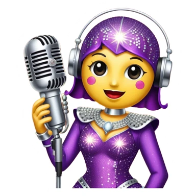 Create a glamorous and vibrant emoji representing stage vocal performance. The design should feature a humanless collage of classic vintage microphone, stage costume covered in rhinestones, large scene speakers, scene lights. The costume should be stylized, with glittering elements like sequins and sparkles, and reflect the glitzy, extravagant nature of show business. The microphone should have a sleek, retro look with chrome or metallic accents. Use rich, dazzling colors like gold, silver, deep purple, and bright red to evoke the glamorous, larger-than-life feel of a stage performance. The background should be transparent. sticker