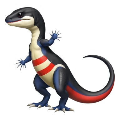 Black and white Orca-reptile-reptilian-lizard-skink-gecko-Digimon-Fakémon-hybrid full body, two legs, two arms, claws, tail, with red stripe sticker