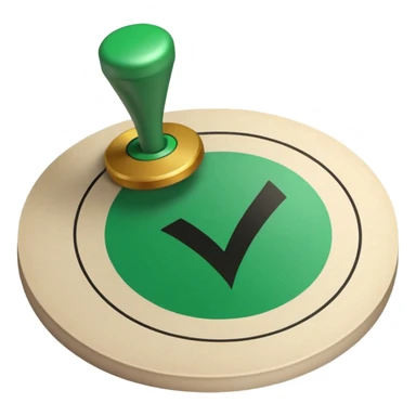 A stamp pressing down on a paper sheet, leaving a green circular mark with a check symbol inside, representing approval or verification. sticker