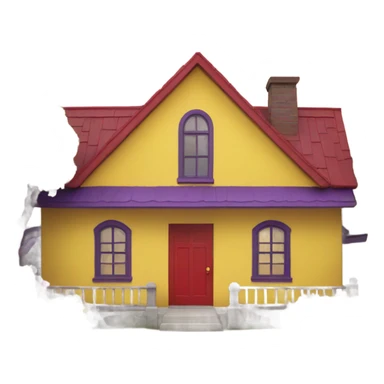 A house with a red roof on the yellow outside and a purple door sticker