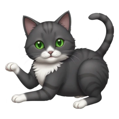 solid dark grey cat with green eyes, white toes/paws and white patch on her chest playfully rolling upside down sticker