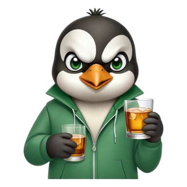 head and shoulders portrait of a friendly anthropomorphised penguin wearing a green mafia-style tracksuit, angry intense brooding expression, holding a glass of whiskey sticker
