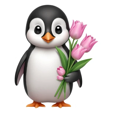 Cute baby penguin holding flower bouquet wraped in white paper and all flowers tulips in pink colour sticker