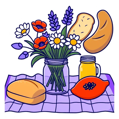 wildflower bouquet with daisies, poppies and lavender arranged in a mason jar on a picnic blanket with bread and fruit sticker