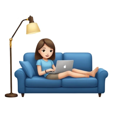A girl is working with a laptop while lying on a sofa, with a floor lamp to the right. sticker