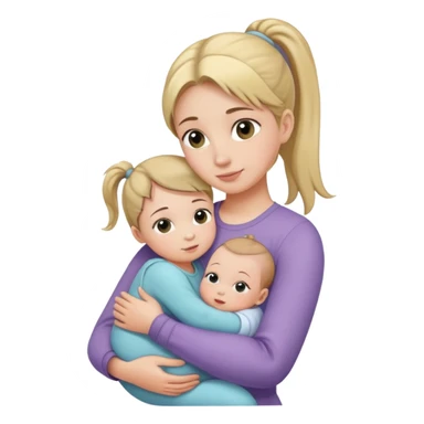 Big sister with ponytail carefully holding newborn baby while hugging younger sister sticker