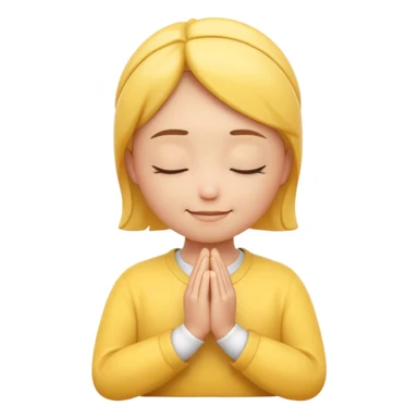 A 3D Apple-style yellow round emoji, calm and patient expression, closed eyes with a gentle smile, hands together in front as if waiting or praying, soft relaxed eyebrows, subtle glow around the head to symbolize patience, clean minimal background sticker
