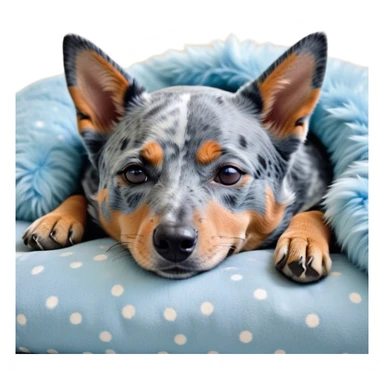 Meme-Worthy Cute Sleeping Blue Speckle Australian Cattle Dog Portrait Emoji, Head resting peacefully with a contented smile, showcasing a robust build and a luxuriously soft blue speckle Fur, eyes shut in a serene nap, Simplified yet hilariously adorable features, highly detailed, glowing with a soft, drowsy light, high shine, relaxed and utterly lovable, stylized with an air of playful laziness, bright and heartwarming, soft glowing outline, capturing the essence of a comically sleepy herder, so meme-worthy it feels like it could instantly become the next viral sensation of adorable slumber! sticker
