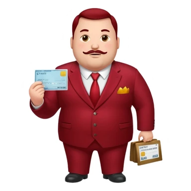 huge fat guy bold head in dark red velvet suit holding cheque sticker