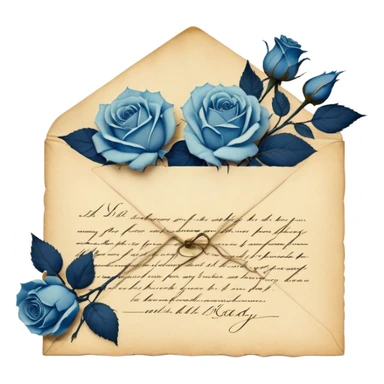 An antique handwritten letter with dried light blue roses and a navy wax seal, vintage aesthetic. sticker