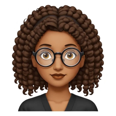 chica morena de ojos claros con gafas negras exagonales redondeadas. y pelo rizado castaño con todo el pelo recogido en una coleta .. Con todo el pelo recogido un clen look solamente una coleta sticker
