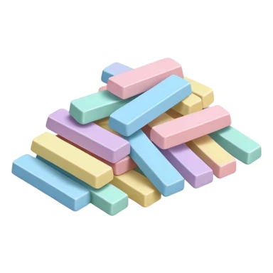 small pile of pastel-colored rectangular gum sticks or square tablets with smooth, slightly glossy coating, uniform pieces, neatly stacked or gently scattered, no wrapper, no mouth, no extras, just the gum, soft lighting, subtle shadows, emoji scale sticker