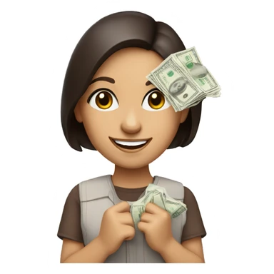 brunette girl with brown eyes smile holds paper dollars in her hands sticker
