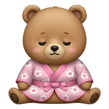 A cute chubby light-brown bear wearing a pastel pink sakura-patterned kimono, tiny body and big round head, adorable simple face, sleepy half-closed eyes, small blush on cheeks, sitting while dozing off, tiny “zzz” floating above the head sticker