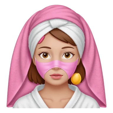 A woman with brown hair, a white towel wrapped around her head. Her face is covered with a pink skincare mask applied to the T-zone and cheeks sticker