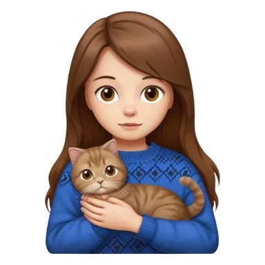 girl with long brown hair in a sweater holding a Scottish Fold cat, emoji style sticker