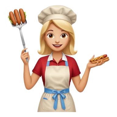 A cheerful woman selling hotdogs, waving a tongs in one hand. sticker
