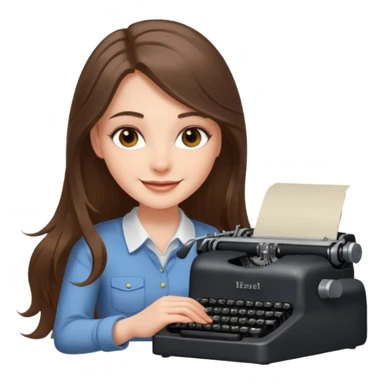 smiling white long brunette hair girl with hazel eyes typing on a typewriter sticker