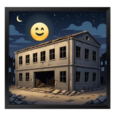 cinematic realistic ultra HD - a warehouse in a secluded place, at night with broken walls sticker