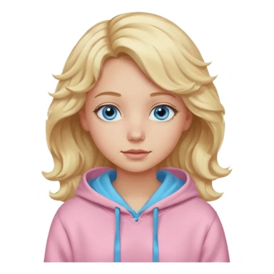Generate a blonde girl with blue eyes with wavy hair in a pastel pink hoodie  sticker