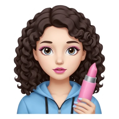 A girl with long dark brown hair styled in loose 36mm curls, round-almond Douyin-style eyes with long curled lashes, cool-tone neutral makeup. She’s wearing a light-blue athletic outfit and holding a normal-size pink lipstick (not oversized) in one hand. sticker