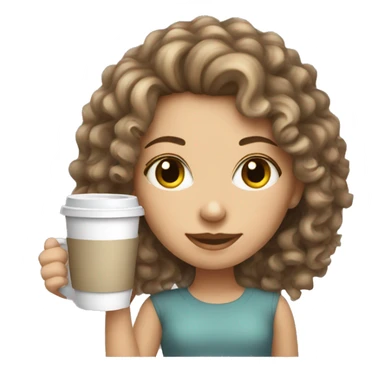 A white girl with darkblonde curly hair holding a cup of coffee sticker