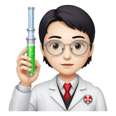 Dr. Lunar Fang – scientist vampire adjusting square lab glasses, holding a glowing test tube of “Type O” fuel sticker