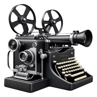 Create an emoji representing screenwriting. The design should feature an open script with visible dialogue and action lines, symbolizing the writing of a screenplay. Add a movie camera next to the script to emphasize the cinematic aspect of screenwriting. Include a classic typewriter to signify the process of creating a script. Use a professional color palette with black, white, and subtle metallic tones. Do not include any emojis or smiley faces. Make the background transparent. sticker