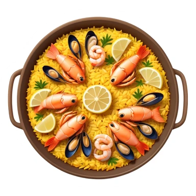 cinematic-realistic-paella-dish-emoji,-depicted-as-a-vibrant,-aromatic-rice-dish-loaded-with-seafood,-chicken,-and-saffron-rendered-with-rich-textures-and-dynamic,-warm-lighting with a lemon slice in the middle sticker
