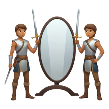 A person standing in front of a mirror, looking at their own reflection, while a sword on the ground beside them. The mirror represents self-awareness and acceptance sticker