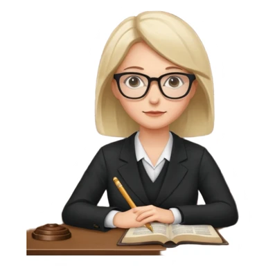 lawyer woman, sitting at a desk with law books, glasses, focused sticker