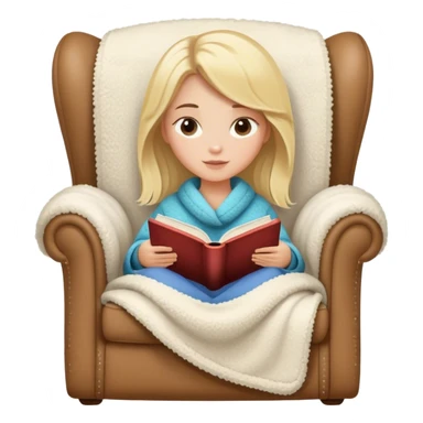 pretty blonde model reading a book in a cozy sherpa armchair with a blanket sticker