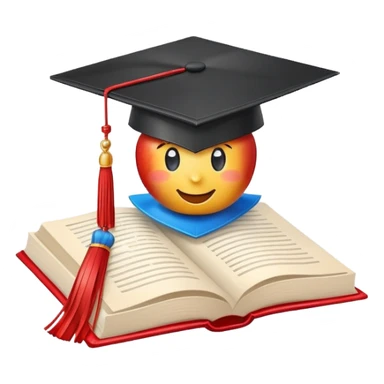 Apple emoji style graduation cap with a blue tassel, floating above an open book, clean background, cheerful sticker