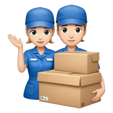 two suppliers in blue work uniforms wearing hat-style caps holding a big box together sticker